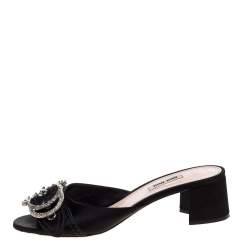 Miu Miu Black Satin Buckle Detail Crystal Embellished Slide Mules Size 40