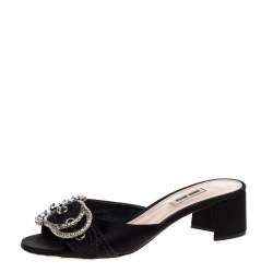Miu Miu Black Satin Buckle Detail Crystal Embellished Slide Mules Size 40