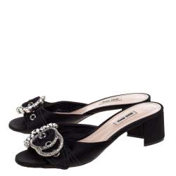 Miu Miu Black Satin Buckle Detail Crystal Embellished Slide Mules Size 40