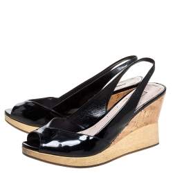 Miu Miu Black Patent Leather Vintage Slingback Wedge Platform Sandals Size 38