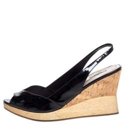 Miu Miu Black Patent Leather Vintage Slingback Wedge Platform Sandals Size 38