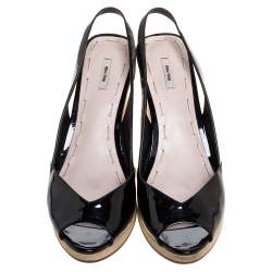Miu Miu Black Patent Leather Vintage Slingback Wedge Platform Sandals Size 38