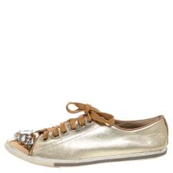 Miu Miu Gold Leather Crystal Embellished Cap Toe Sneakers Size 38