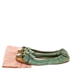 مملوكة مسبقًا حذاء باليرينا فلات ميو ميو غطاء مقدمة مزخرف فيونكة وخرز وكريستال جلد أخضر مقاس 38
