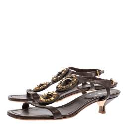 Pre Owned Miu Miu Dark Brown Leather Crystal And Stud Embellished Slingback Sandals Size 40.5