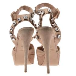 Miu Miu Beige Suede Crystal Ankle Straps Platform Sandals Size 38.5