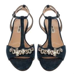 Pre Owned Miu Miu Blue Denim Crystal Embellished Ankle Strap Flats Size 37.5