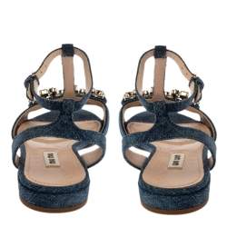 Pre Owned Miu Miu Blue Denim Crystal Embellished Ankle Strap Flats Size 37.5