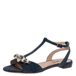Pre Owned Miu Miu Blue Denim Crystal Embellished Ankle Strap Flats Size 37.5