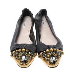 Miu Miu Black Leather Crystal, Bead And Bow Embellished Cap Toe Ballet Flats Size 40