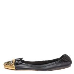 Miu Miu Black Leather Crystal, Bead And Bow Embellished Cap Toe Ballet Flats Size 40