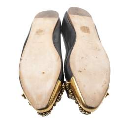 Miu Miu Black Leather Crystal, Bead And Bow Embellished Cap Toe Ballet Flats Size 40