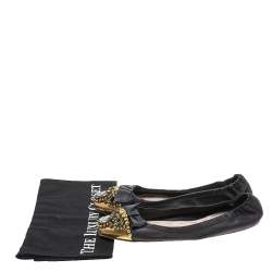 Miu Miu Black Leather Crystal, Bead And Bow Embellished Cap Toe Ballet Flats Size 40