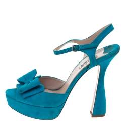 Pre Owned Miu Miu Blue Suede Bow Ankle Strap Platform Sandals Size 41