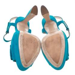 Pre Owned Miu Miu Blue Suede Bow Ankle Strap Platform Sandals Size 41