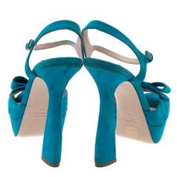 Pre Owned Miu Miu Blue Suede Bow Ankle Strap Platform Sandals Size 41