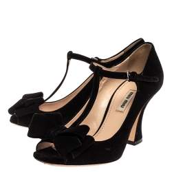 Pre Owned Miu Miu Black Suede Bow T-Strap Ankle Strap Sandals Size 36.5