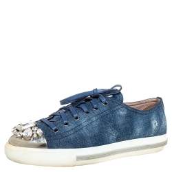 Pre Owned Miu Miu Blue Denim Fabric Embellished Cap Toe Sneakers Size 39.5