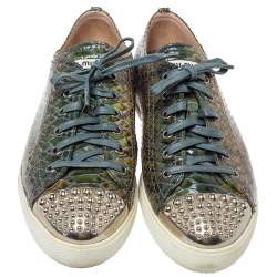 مملوكة مسبقًا Miu Miu Green Python Print Glossy Leather Studded Cap Toe Sneakers Size 40
