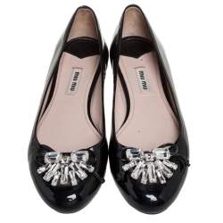 Pre Owned Miu Miu Black Patent Leather Crystal Embellished Ballet Flats Size 38.5