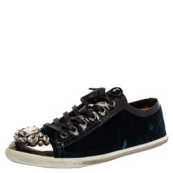 Pre Owned Miu Miu Midnight Blue Suede Studded Cap Toe Sneakers Size 39.5
