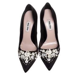 Pre Owned Miu Miu Black Satin Crystal and Pearl Embellished Pointed Toe Pumps Size 38