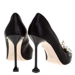 Pre Owned Miu Miu Black Satin Crystal and Pearl Embellished Pointed Toe Pumps Size 38