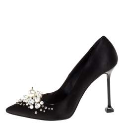 Pre Owned Miu Miu Black Satin Crystal and Pearl Embellished Pointed Toe Pumps Size 38