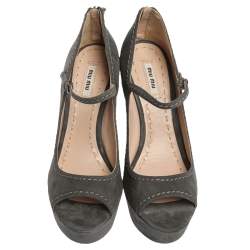 Miu Miu Grey Suede Mary Jane Peep New Wedges Size 40.5