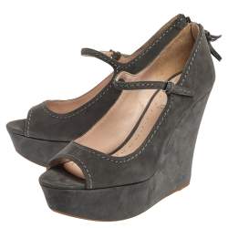 Miu Miu Grey Suede Mary Jane Peep New Wedges Size 40.5