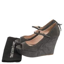 Miu Miu Grey Suede Mary Jane Peep New Wedges Size 40.5