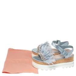 مملوكة مسبقًا  Miu Miu Blue Satin Feather/Crystal Embellished Platform Sandals Size 38