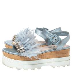 مملوكة مسبقًا  Miu Miu Blue Satin Feather/Crystal Embellished Platform Sandals Size 38