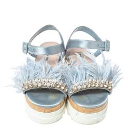 مملوكة مسبقًا  Miu Miu Blue Satin Feather/Crystal Embellished Platform Sandals Size 38
