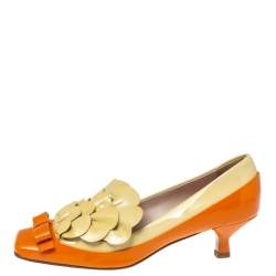 Pre Owned Miu Miu Orange/Beige Patent Leather Ruffle Bow Square Toe Pumps Size 38.5