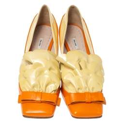 Pre Owned Miu Miu Orange/Beige Patent Leather Ruffle Bow Square Toe Pumps Size 38.5