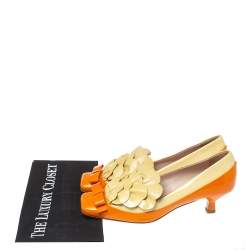 Pre Owned Miu Miu Orange/Beige Patent Leather Ruffle Bow Square Toe Pumps Size 38.5