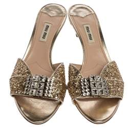 Miu Miu Coarse Glitter Crystal Embellished Mules Sandals Size 39.5