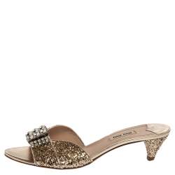 Miu Miu Coarse Glitter Crystal Embellished Mules Sandals Size 39.5