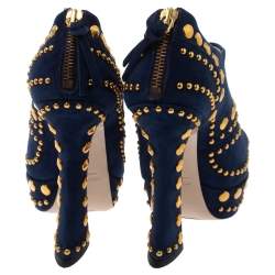 مملوكة مسبقًا Miu Miu Blue Suede Studded Peep Toe Booties Size 36