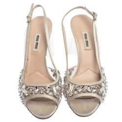 Pre Owned صندل ميو ميو مزخرف كريستال فتحة كعب جلد و بلاستيك مشمع مقاس 38