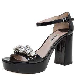 Miu Miu Black Patent Leather Crystal Embellished Platform Sandals Size 38.5