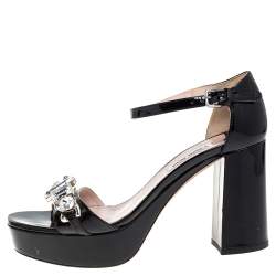 Miu Miu Black Patent Leather Crystal Embellished Platform Sandals Size 38.5