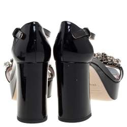 Miu Miu Black Patent Leather Crystal Embellished Platform Sandals Size 38.5