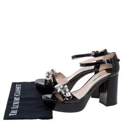 Miu Miu Black Patent Leather Crystal Embellished Platform Sandals Size 38.5