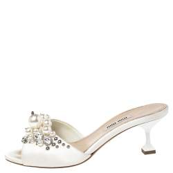 Miu Miu Cream Satin Crystal/Pearl Embellished Slide Size 35