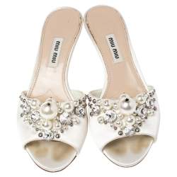 Miu Miu Cream Satin Crystal/Pearl Embellished Slide Size 35