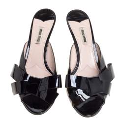 Miu Miu Black Patent Leather Bow Slide Sandals Size 40