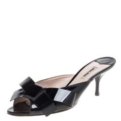 Miu Miu Black Patent Leather Bow Slide Sandals Size 40
