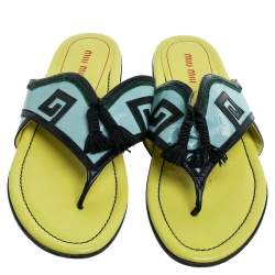 Pre Owned Miu Miu Green/Yellow Leather Tassel Slide Flats Size 39.5